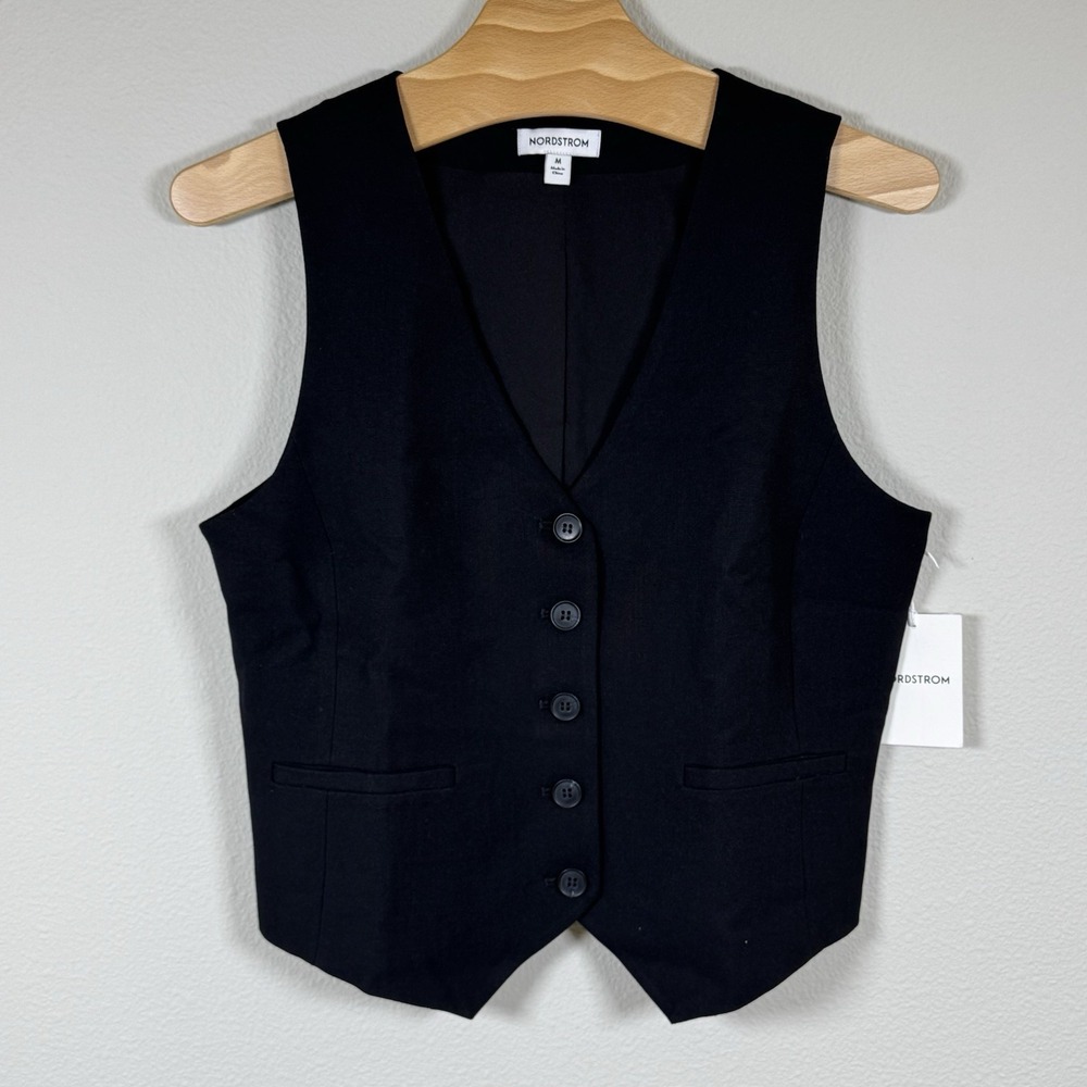 NWT Nordstrom Women's Black Tailored Waistcoat Vest Button Front Career Size M - Picture 2 of 9